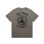 The Mascot vintage cartoon t-shirt with The Cabin mascot holding coffee among mountains and pines