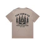 Tough By Nature A-frame cabin t-shirt with pine trees and The Cabin Co. Est. 2023 artwork