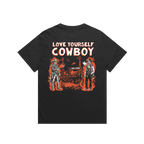 Love Yourself Cowboy vintage western t-shirt with two cowboys in red and cream artwork